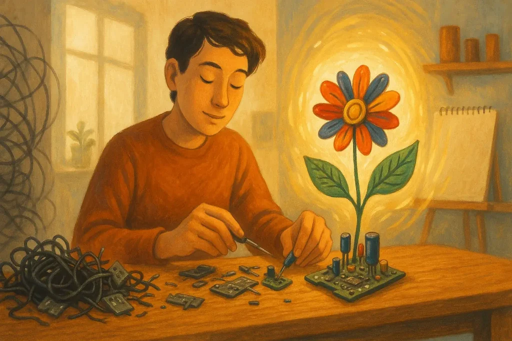 E-waste art: Person thoughtfully turns tangled wires & broken e-waste into flowers or clear paths.