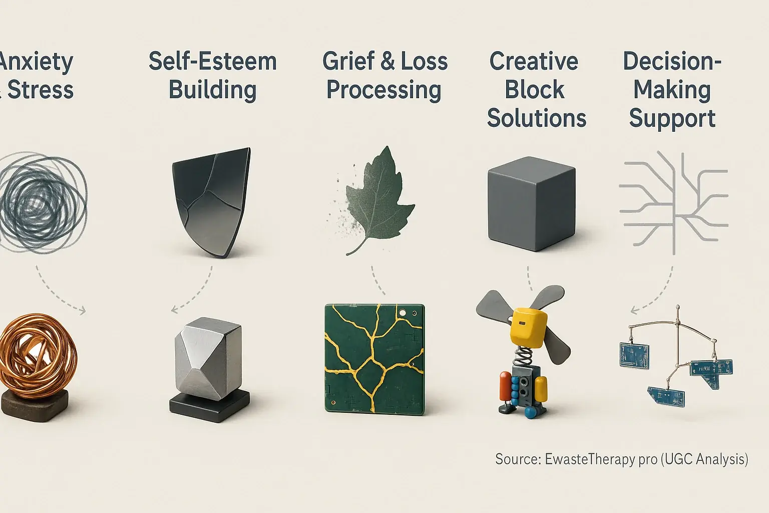 Abstract symbols for anxiety, self-esteem, grief, creative blocks, & decision-making, each with an e-waste art solution.