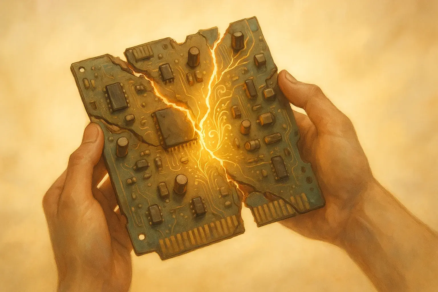 Hand gently lifts broken circuit board, light radiating from cracks, symbolizing potential and transformation via old tech.
