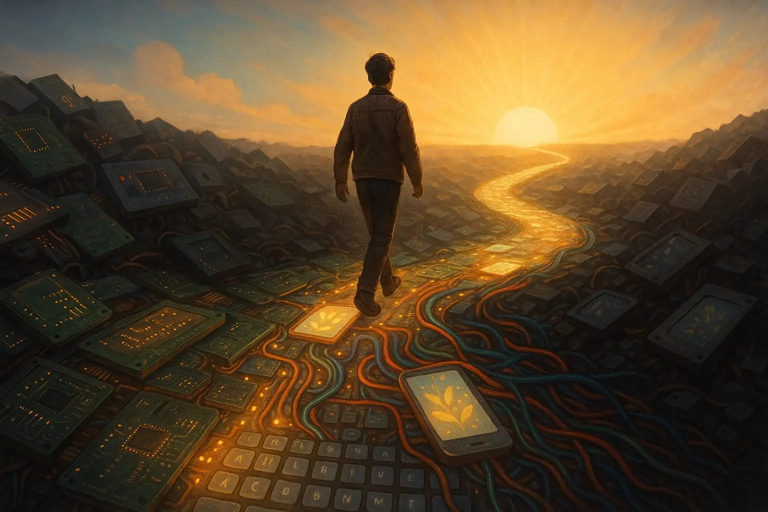 Person confidently walks path of glowing e-waste to bright horizon, symbolizing transformative next steps.