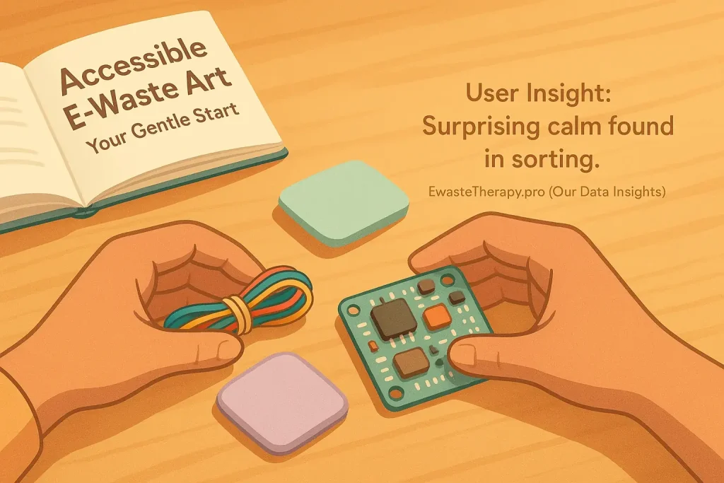 Person gently begins an accessible e-waste art project with clean, safe, laid out components, fostering a calm, healing