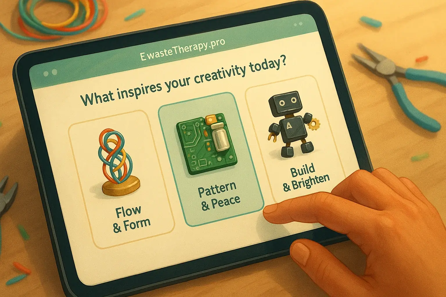 Hand tapping tablet for e-waste art therapy quiz, screen showing e-waste art components as options.