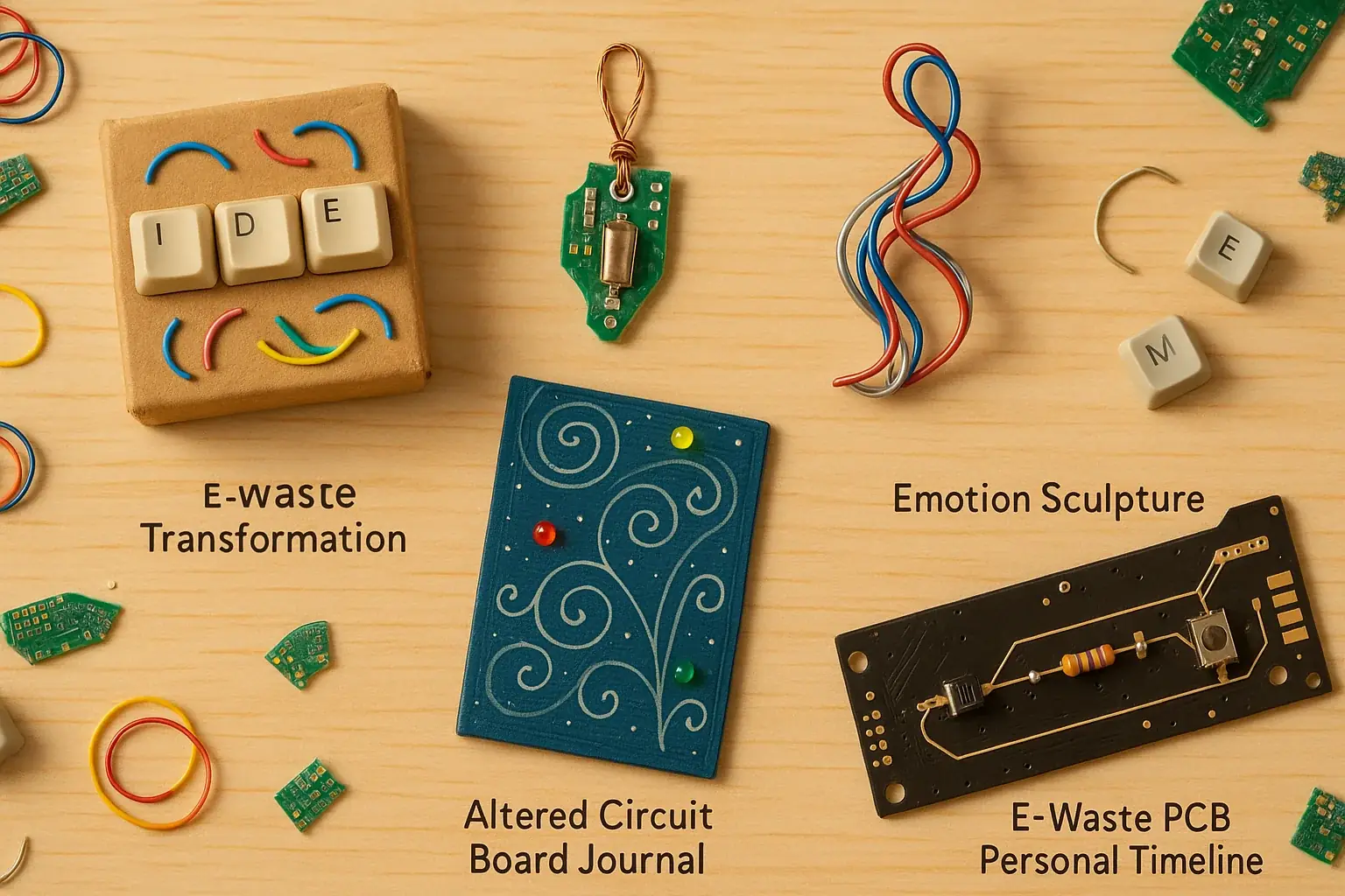 Diverse collage of simple e-waste art for beginners: keyboard keys, circuit boards, wires in creative, aesthetic designs.