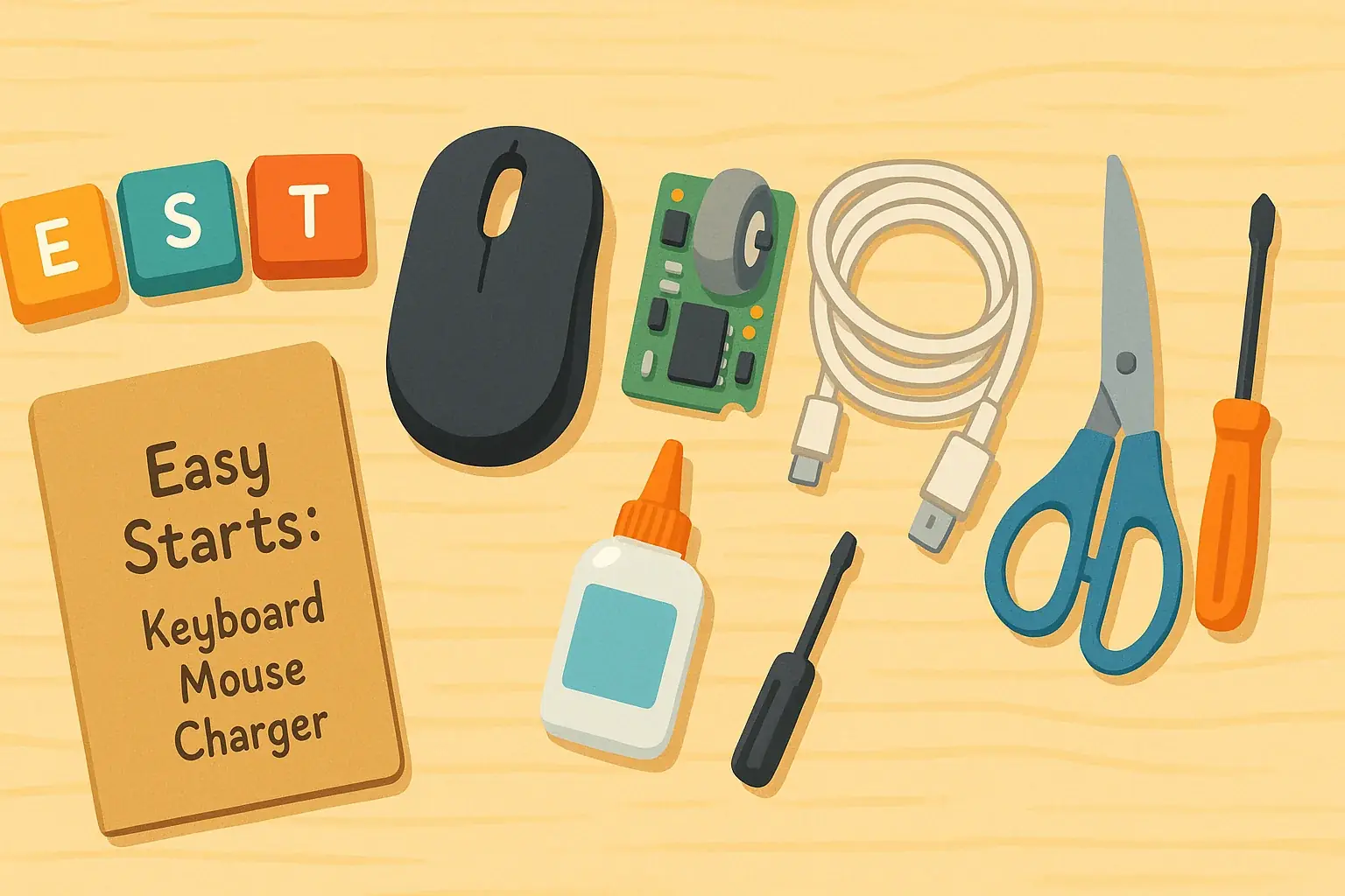 Flat lay: e-waste (circuit boards, wires, key) and basic tools (scissors, glue, screwdriver) as essential project supplies.