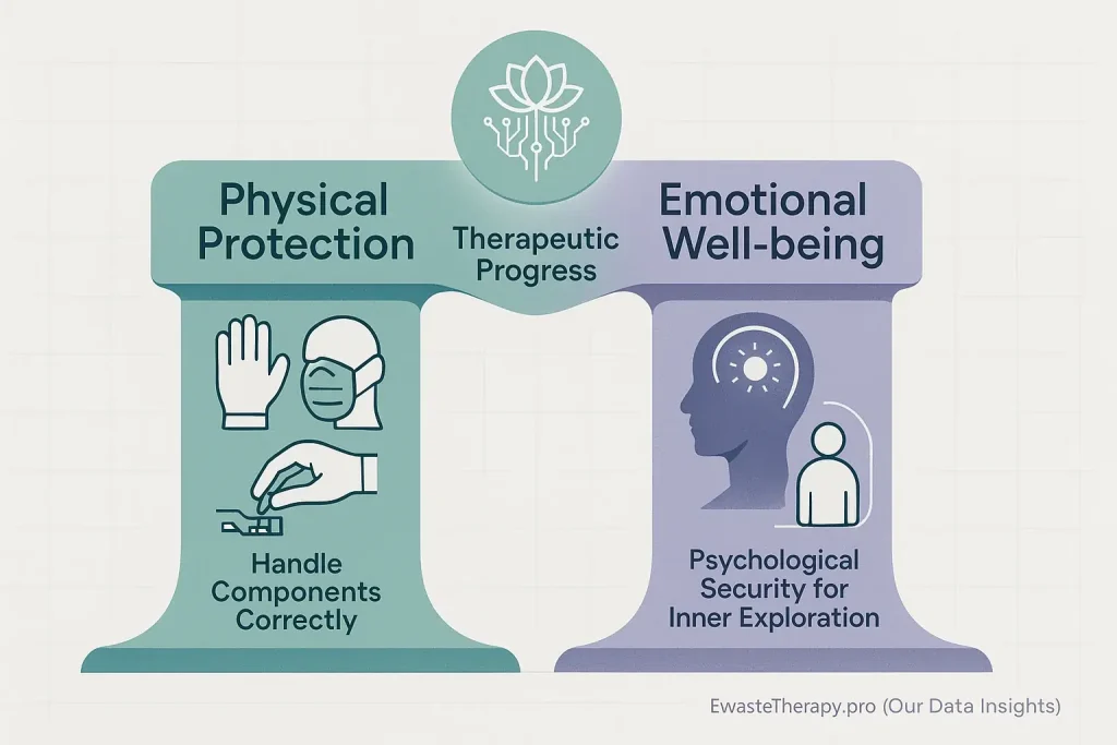 Infographic: Dual pillars—physical (gloves) & emotional (mindfulness)—as interconnected supports for e-waste art therapy