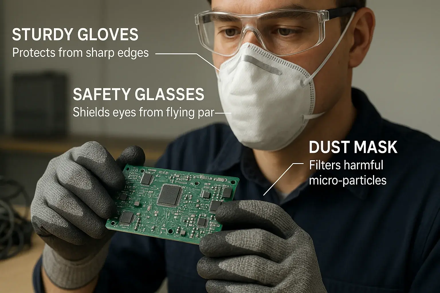 Essential e-waste art protective gear: gloves, safety glasses, dust mask, worn by artist handling circuit boards.