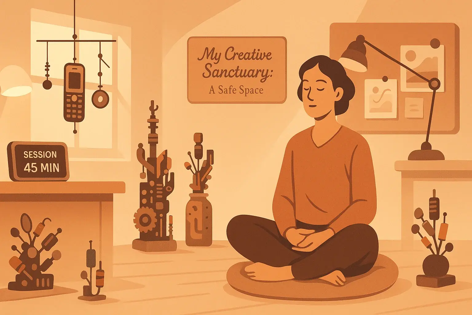 Person meditating peacefully in a creative workspace with upcycled e-waste art, fostering calm and introspection.