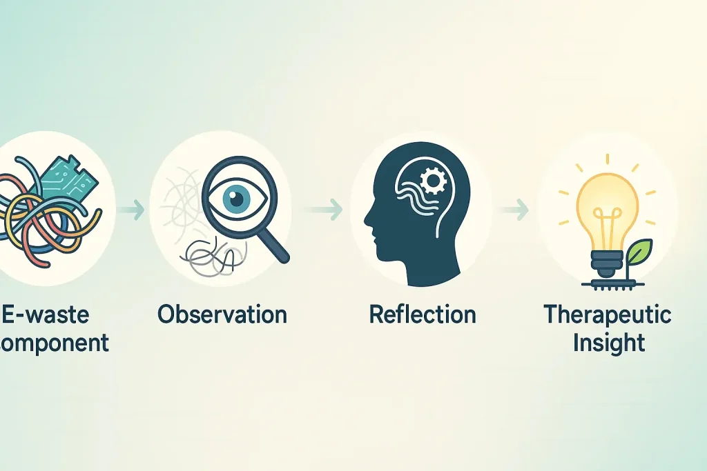 Infographic: E-waste journey to therapeutic insight: component -> observation -> reflection -> insight, with icons.