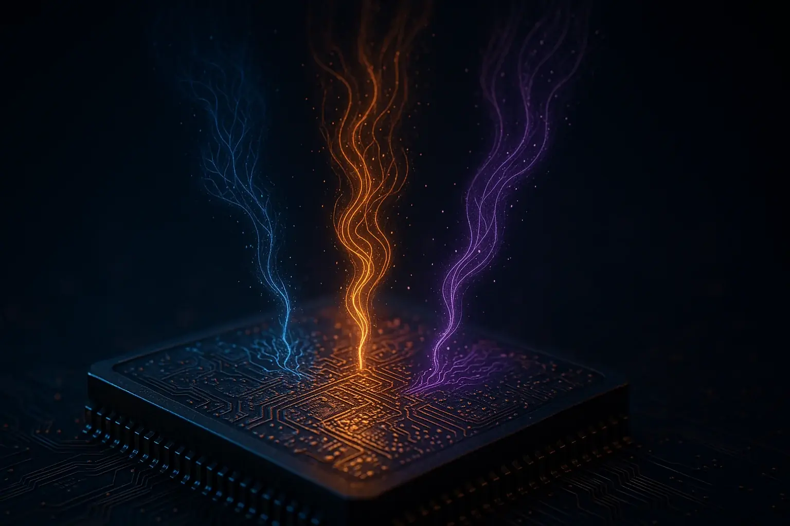 Macro microchip with glowing data streams flowing, symbolizing stored memories, core beliefs, and identity.