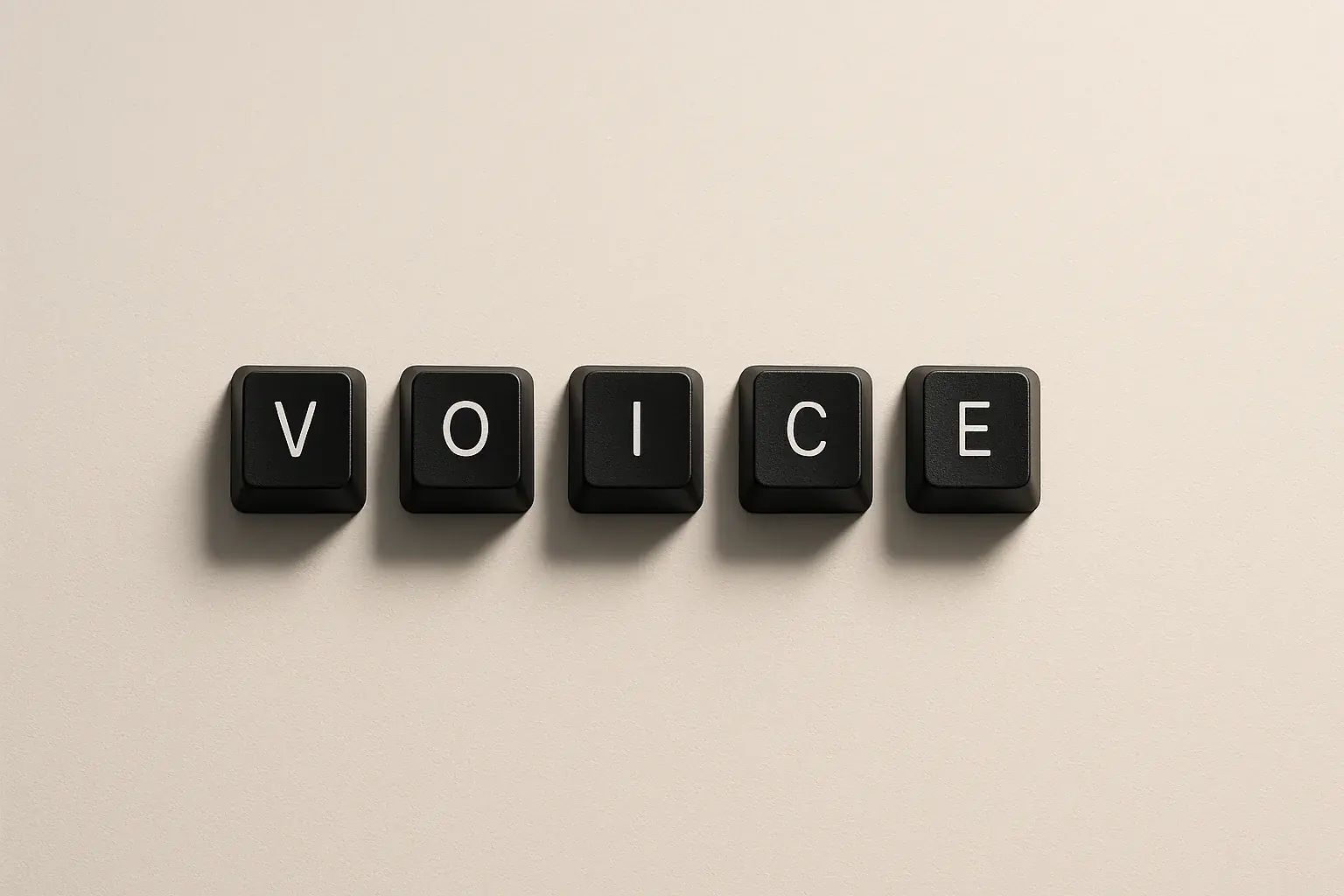 Minimalist, impactful arrangement of keyboard keys forming a word, symbolizing voice, expression, and identity.