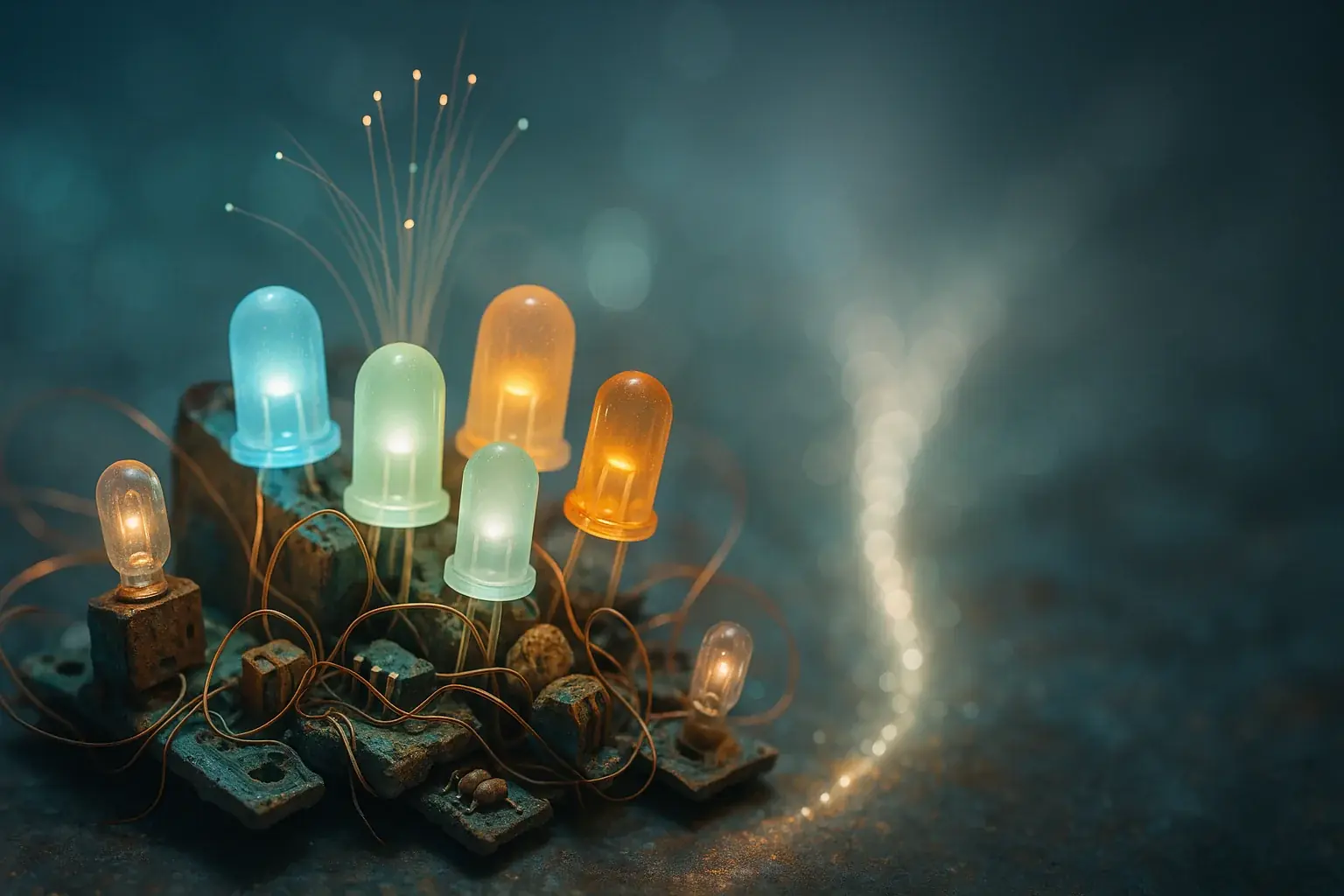 Ethereal e-waste LEDs and components glowing softly, illuminating hope and awareness.