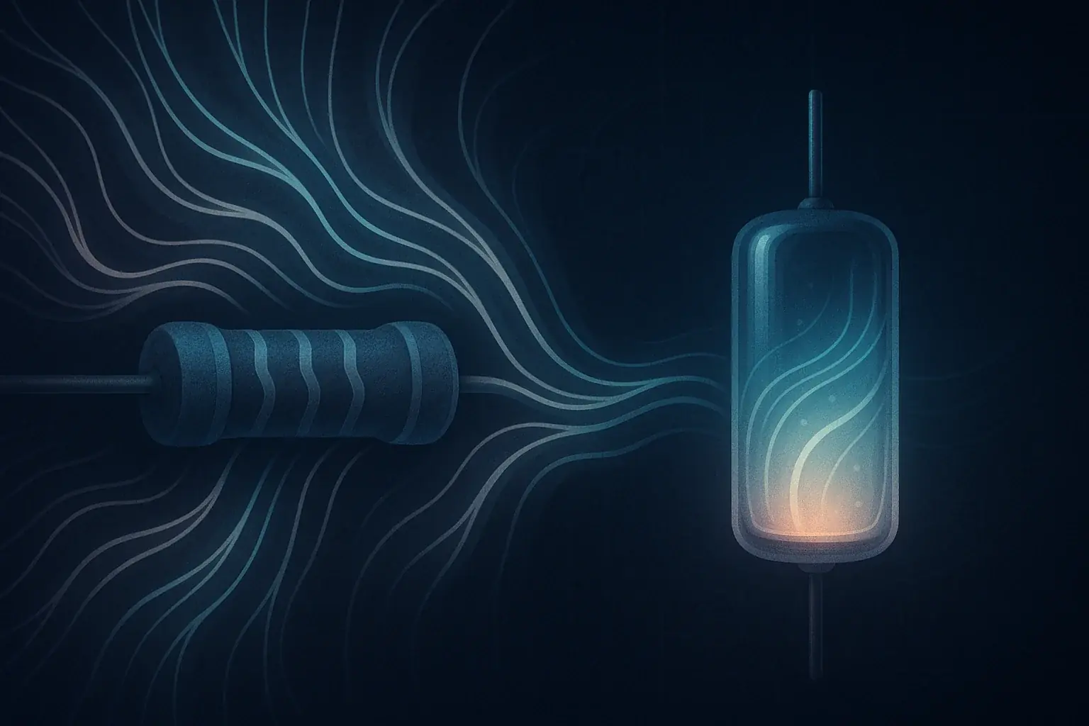 Stylized resistor as an obstacle, capacitor as stored energy, and lines depicting flow and resistance.