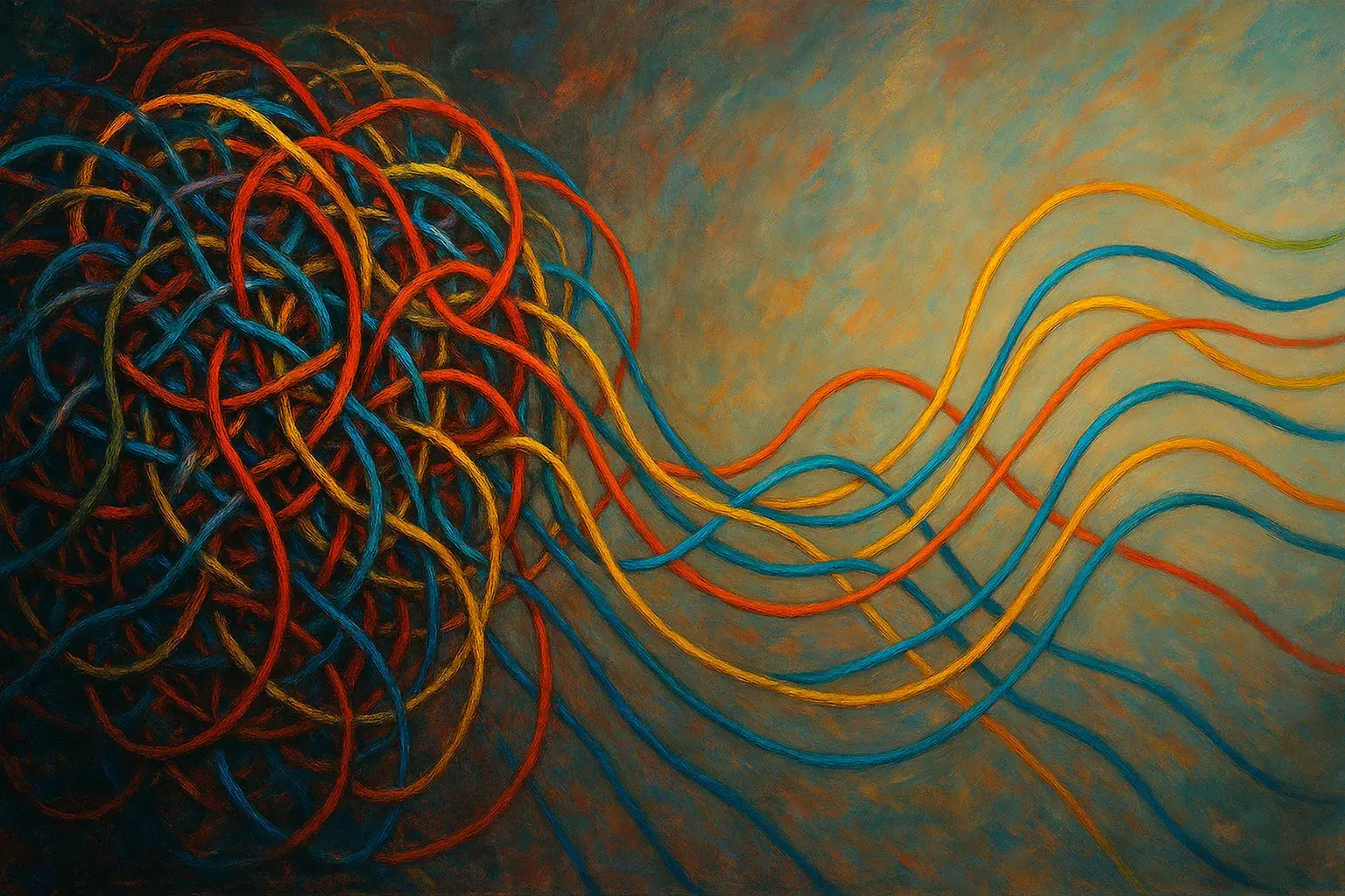 Abstract art: tangled colorful wires partially untangling, symbolizing connection, flow, and resolving entanglement.