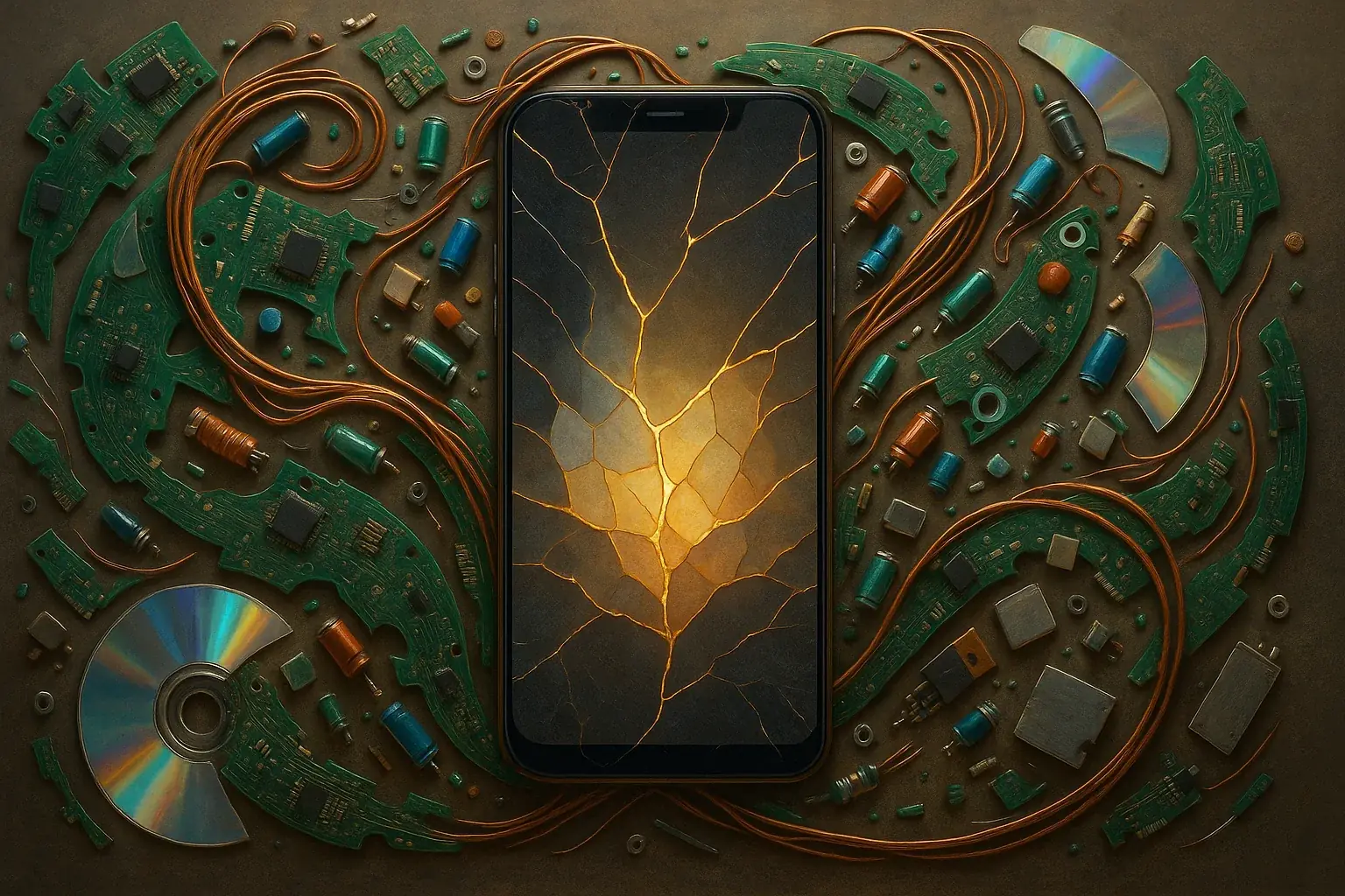 Artistic e-waste composition symbolizing wholeness, transformation, and personal meaning.