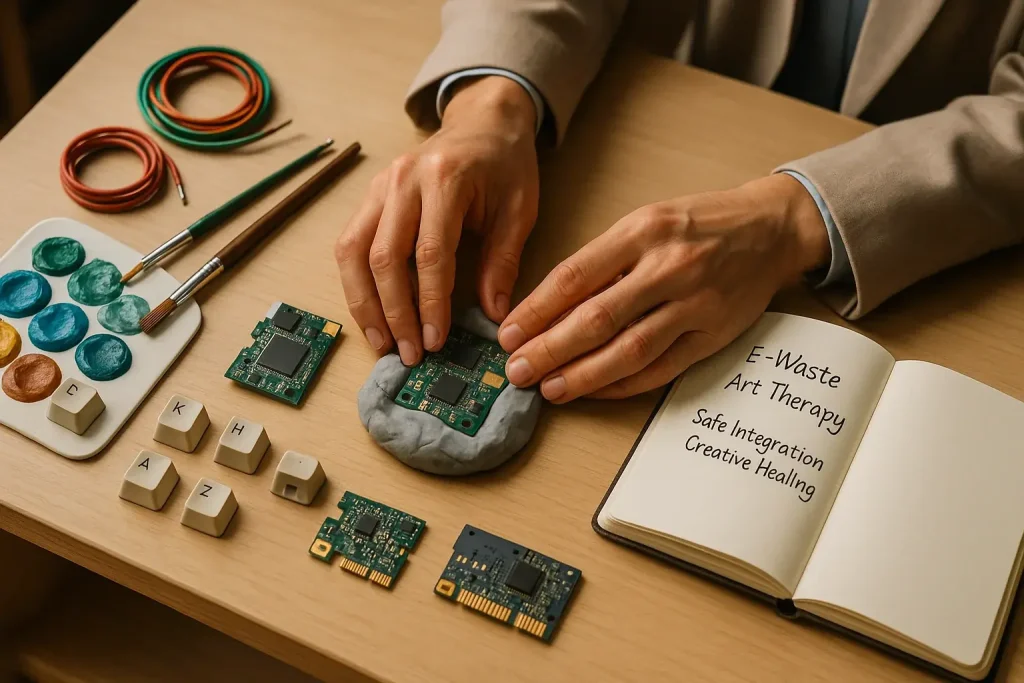 Therapist's hands thoughtfully fuse e-waste circuits and art clay, pioneering professional e-waste art therapy.