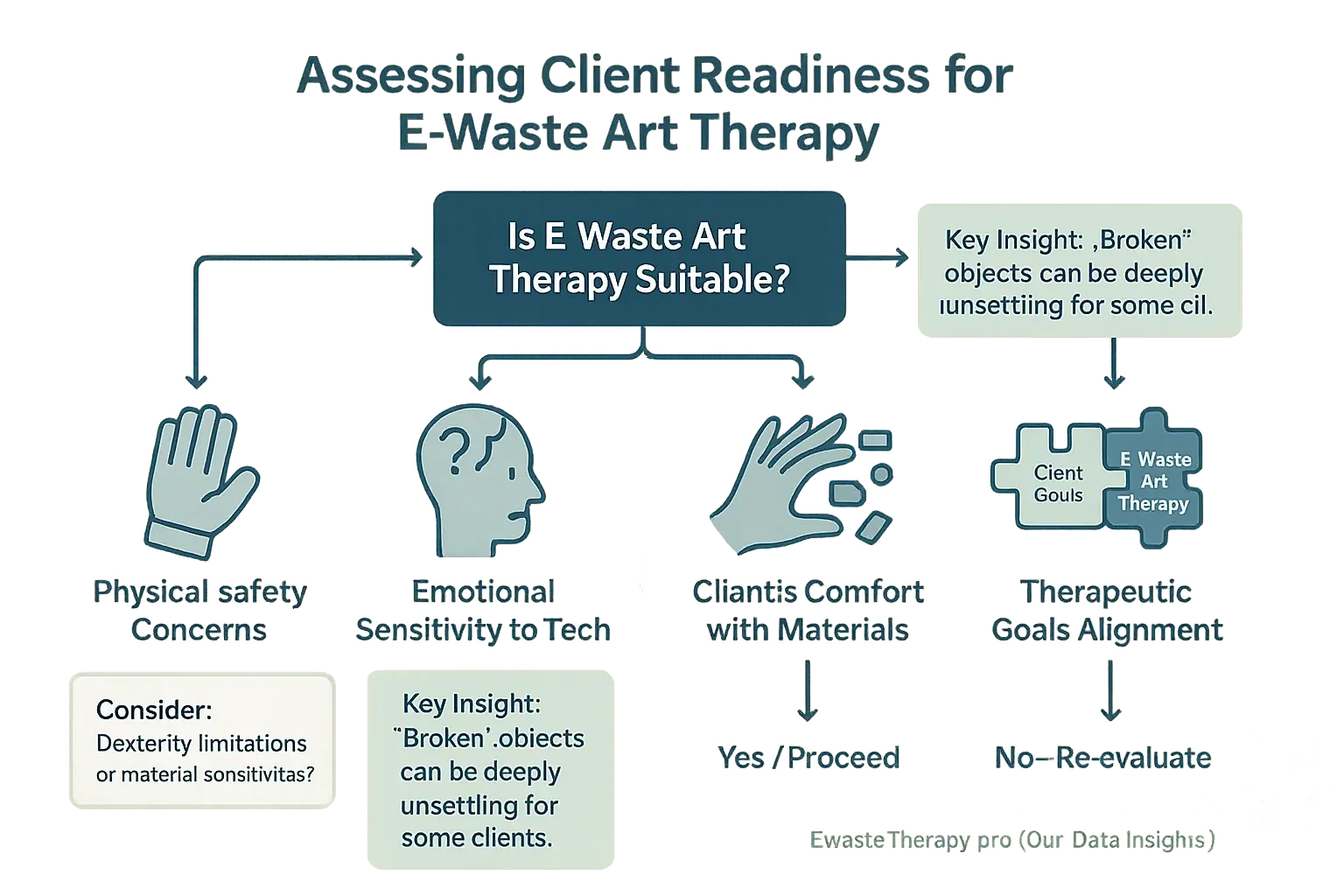 Decision tree illustrating e-waste art therapy client readiness assessment via safety, tech sensitivity, materials, goals.