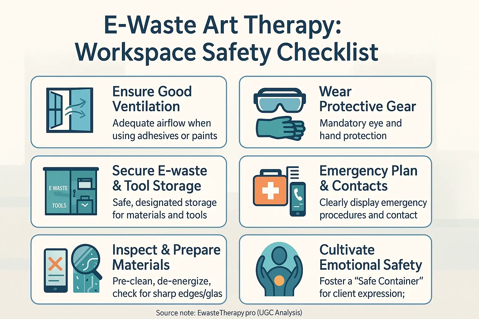 E-waste art therapy safety checklist for physical & emotional wellbeing: icons for ventilation, gear, storage, emergency.