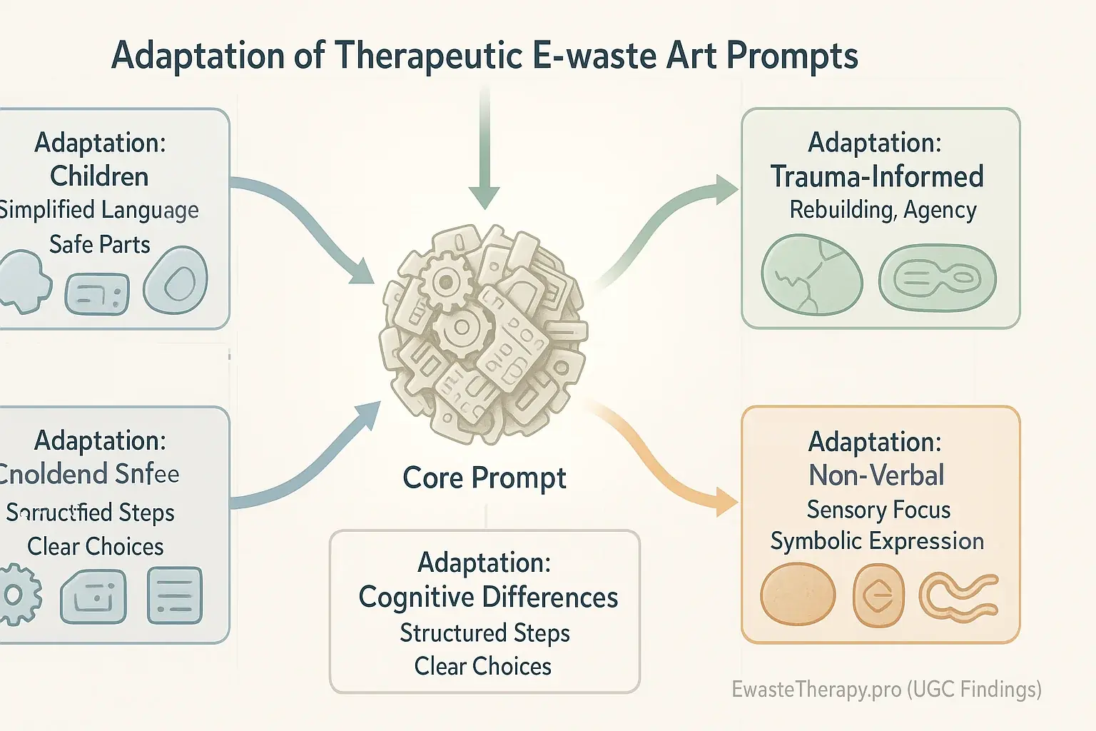 Diagram: Core e-waste art prompt branching into adaptation pathways for diverse client needs (child, elder, trauma-informed).