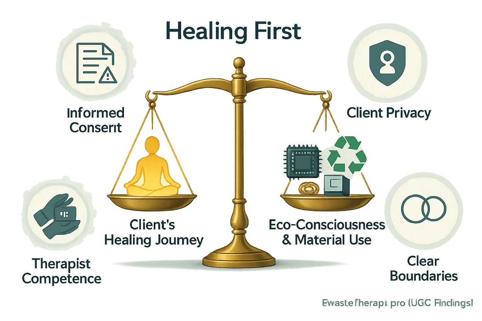 Balanced scale weighing ethical principles like consent & justice in e-waste art therapy decisions.