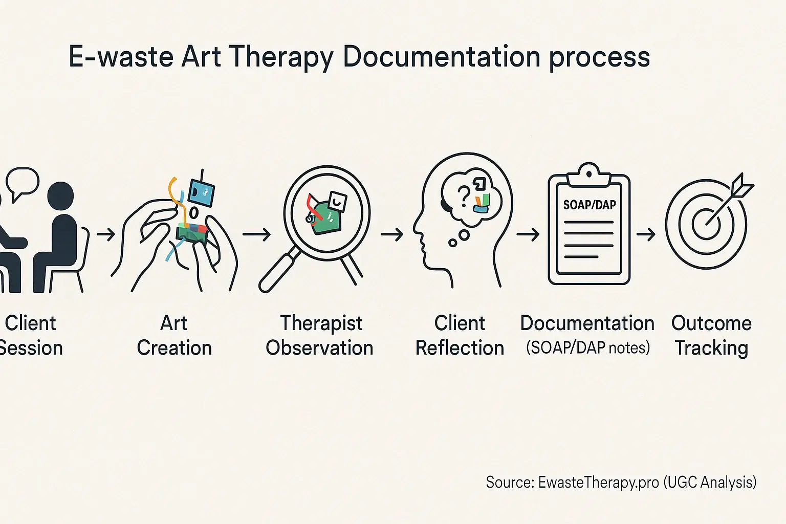 Flowchart detailing e-waste art therapy documentation: Session, Art Creation, Observation, Reflection, Notes, Outcome