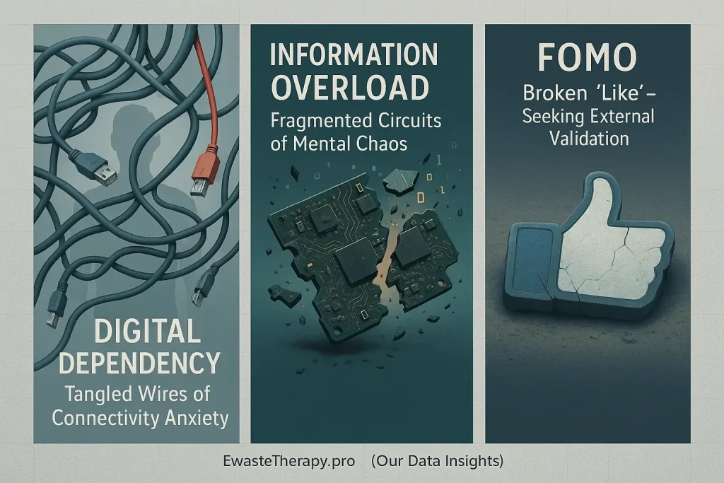 Tech shadow e-waste metaphors: tangled wires (dependency), fragmented circuits (overload), broken 'like' button (FOMO).