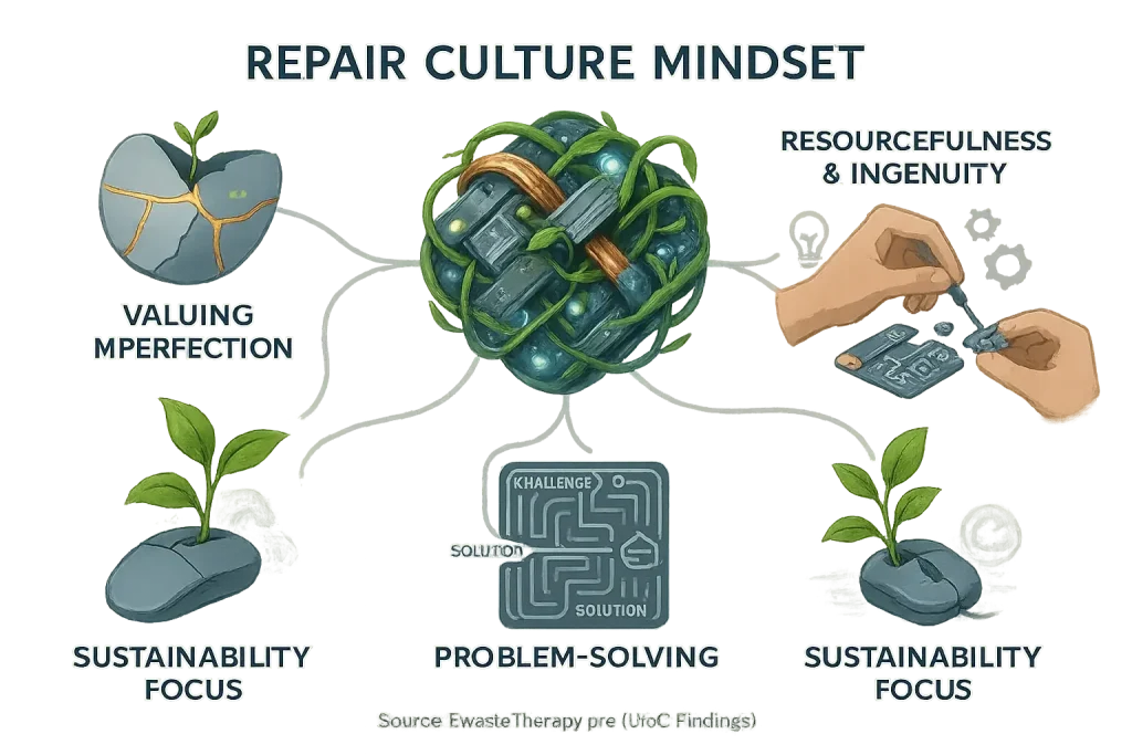 Infographic: Core of Repair Culture Mindset: interconnected valuing imperfection, resourcefulness, problem-solving,