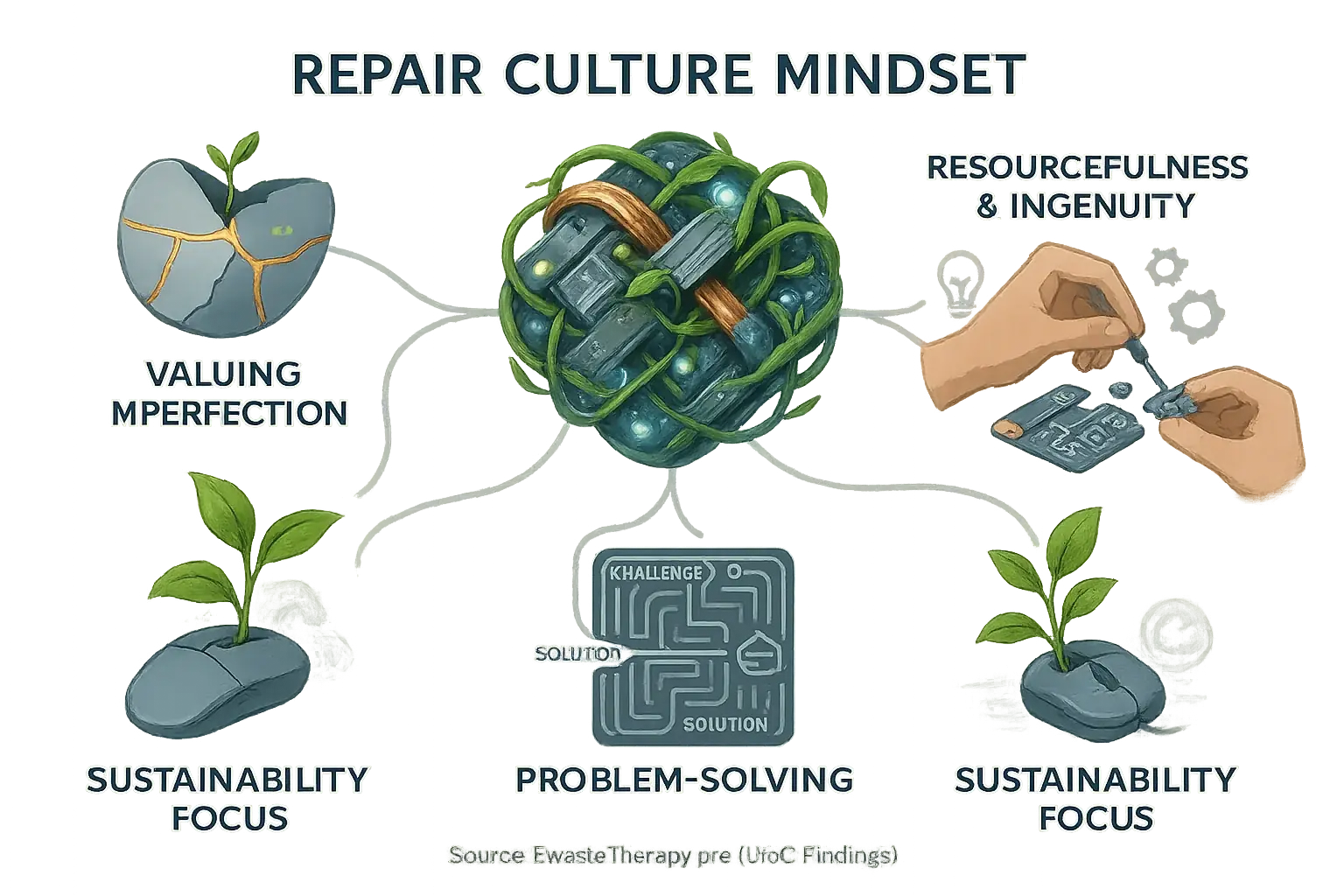 Infographic: Core of Repair Culture Mindset: interconnected valuing imperfection, resourcefulness, problem-solving,