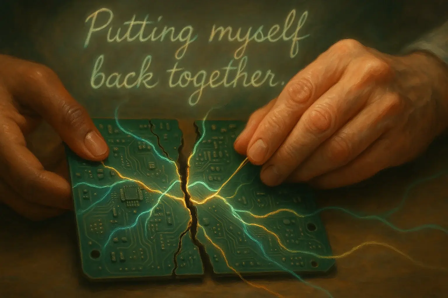 Hand gently mends broken circuit board with colorful threads, e-waste art symbolizing mending and accepting imperfections.