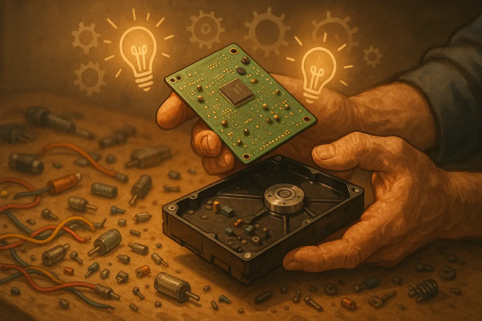 Hands thoughtfully hold e-waste components; lightbulbs & gears around head symbolize ingenuity from e-waste art.