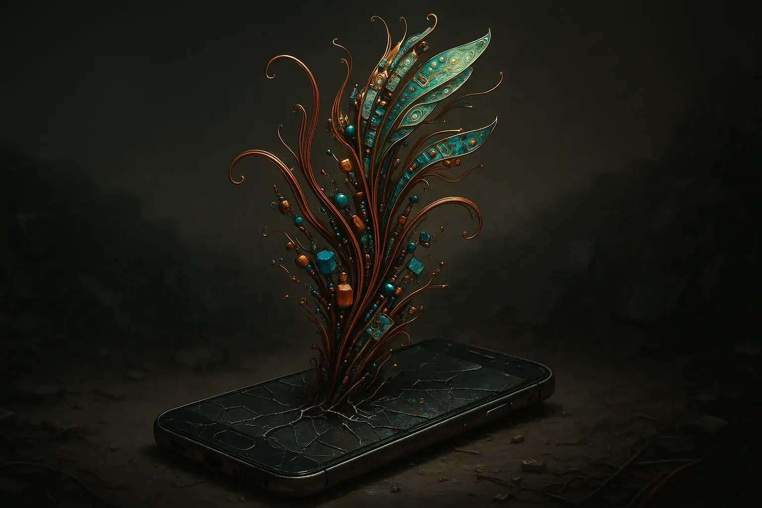 Broken smartphone becomes beautiful abstract art, e-waste pile behind, defying throwaway culture.