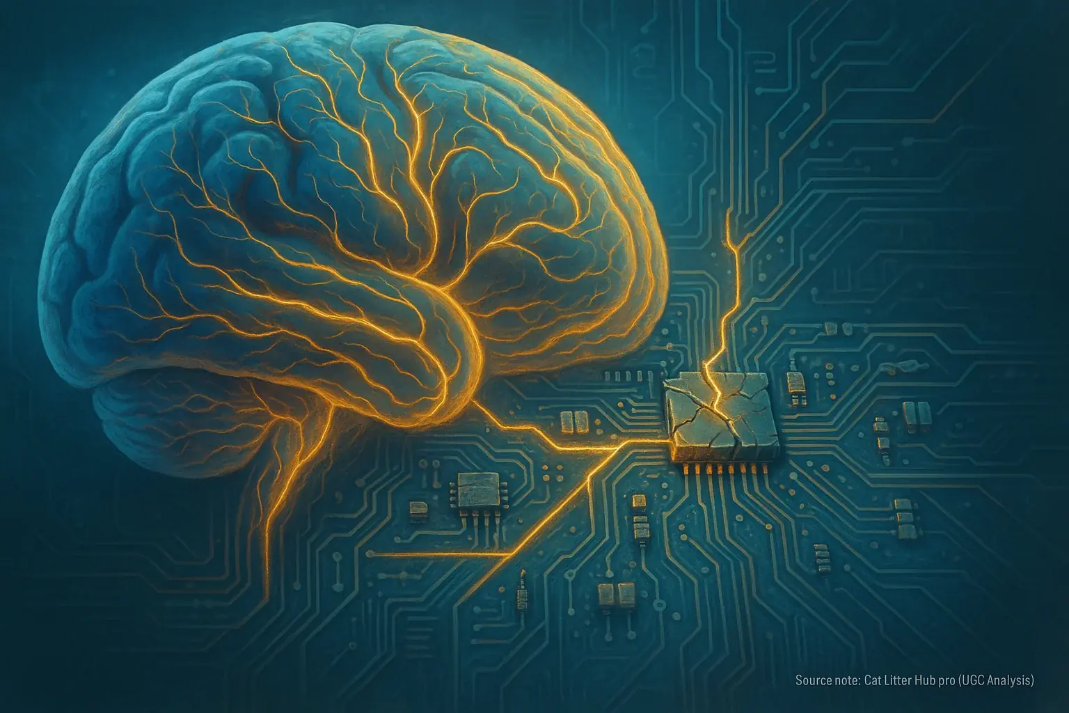 Brain, circuit board connected by glowing neural pathways, symbolizing mental healing via e-waste repair.
