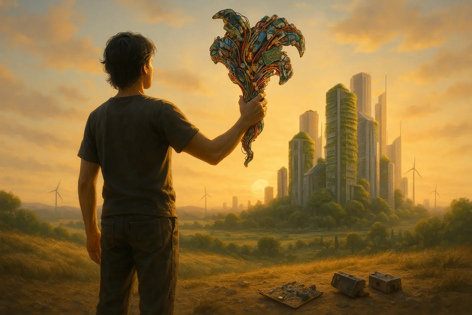 Creator with transformed e-waste art views sustainable city, embodying mindful creation's hopeful impact.