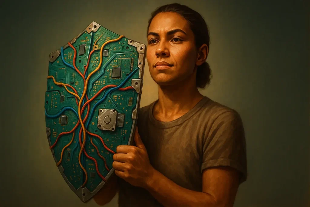 Person confidently holds their 'Shield of Courage,' crafted from e-waste circuit boards, wires, and metal pieces.