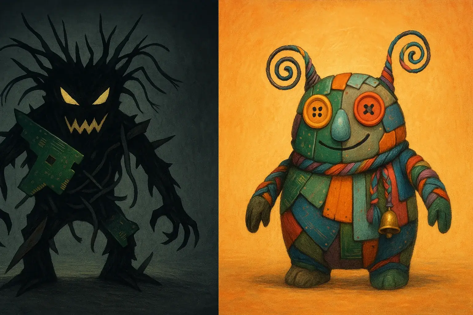 Sharp, chaotic e-waste fear monster transforms into a softer, playful ally.