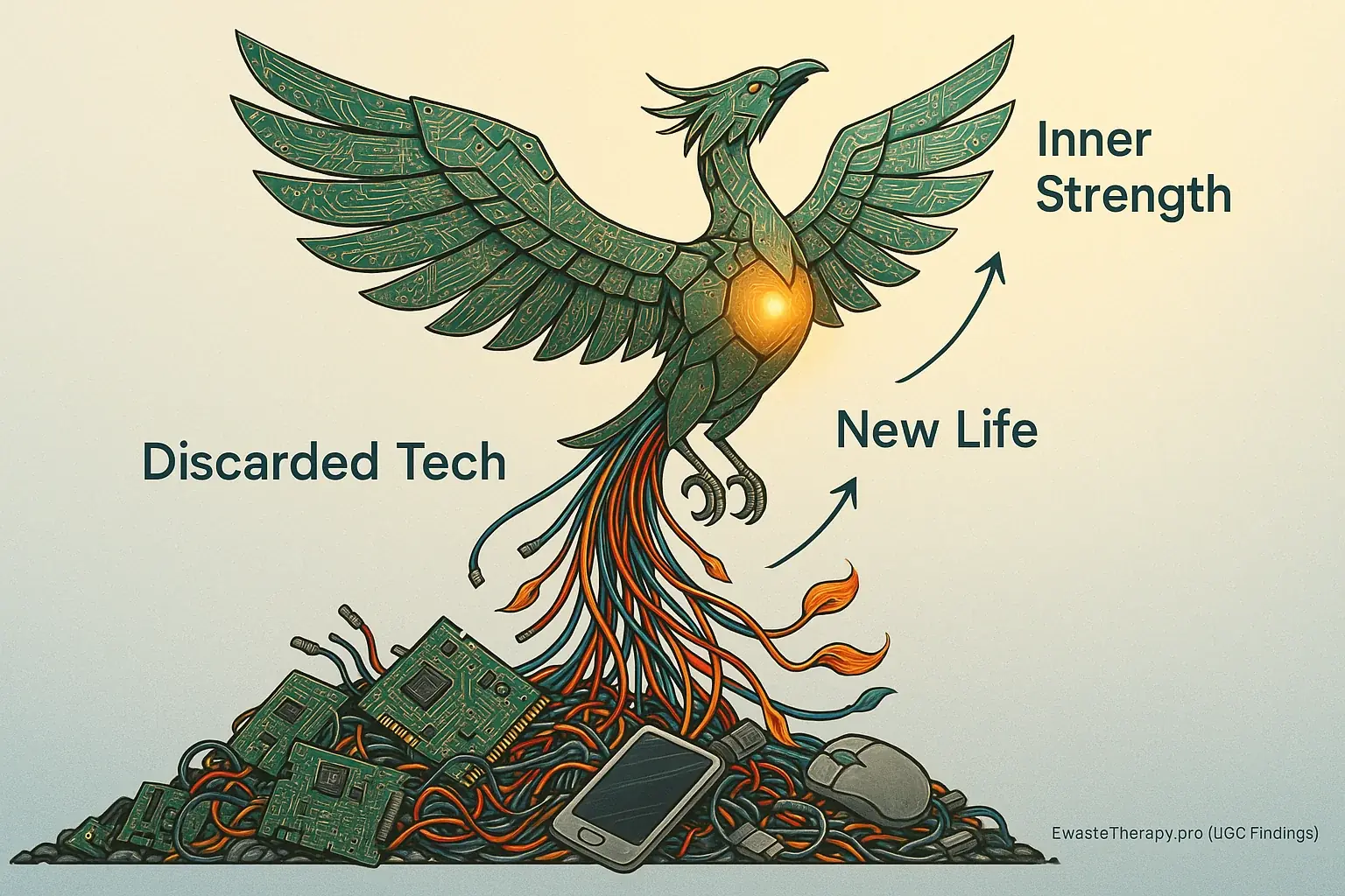 Infographic: E-waste (circuits, wires) as rising phoenix, showing &#x27;Discarded Tech -&gt; New Life -&gt; Inner Strength&#x27;.