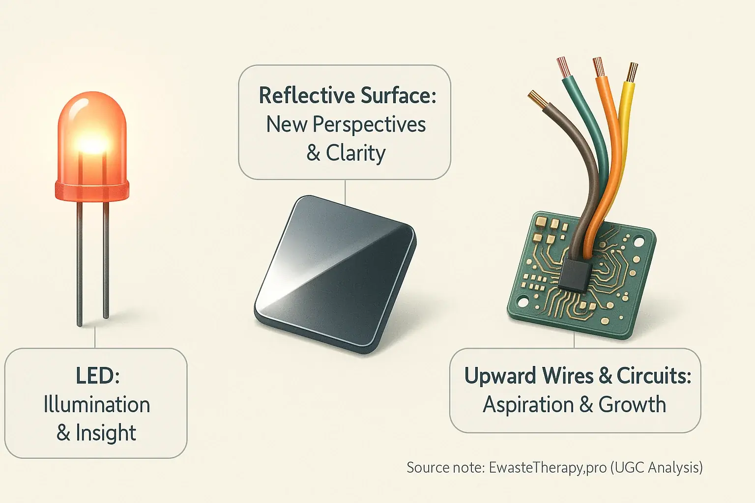 Infographic: E-waste&#x27;s shiny metal, LEDs, screens, &amp; upward-curving wires visually explained as symbols of hope &amp; growth.