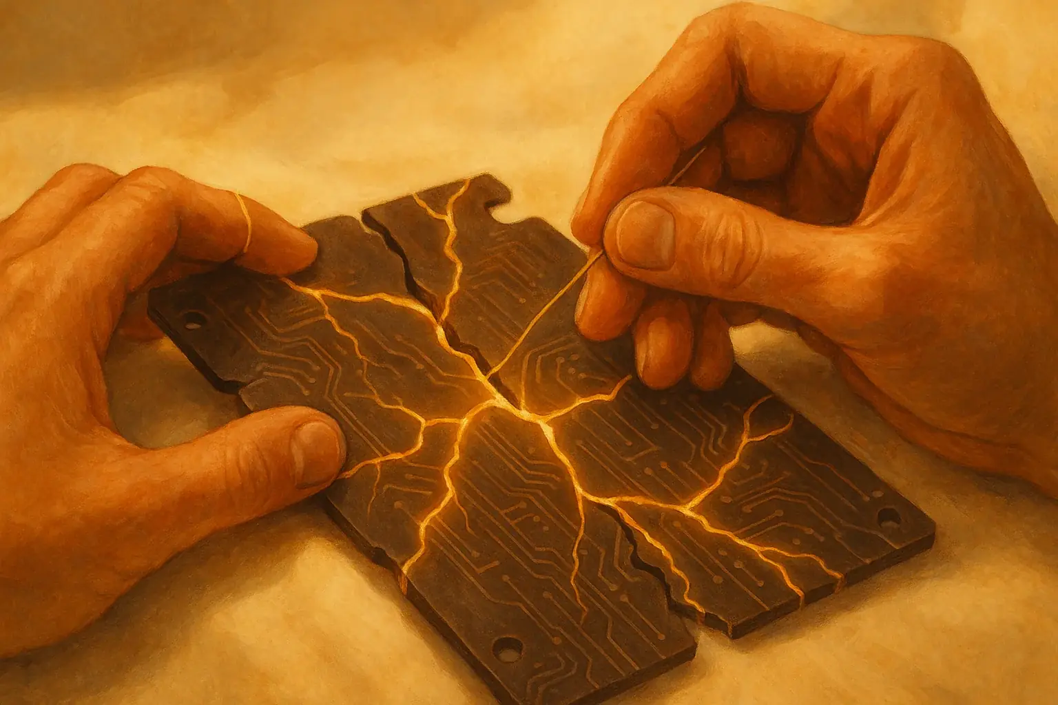 Hands artistically mend a broken circuit board with gold, finding beauty in imperfection, leading to wholeness and renewal.
