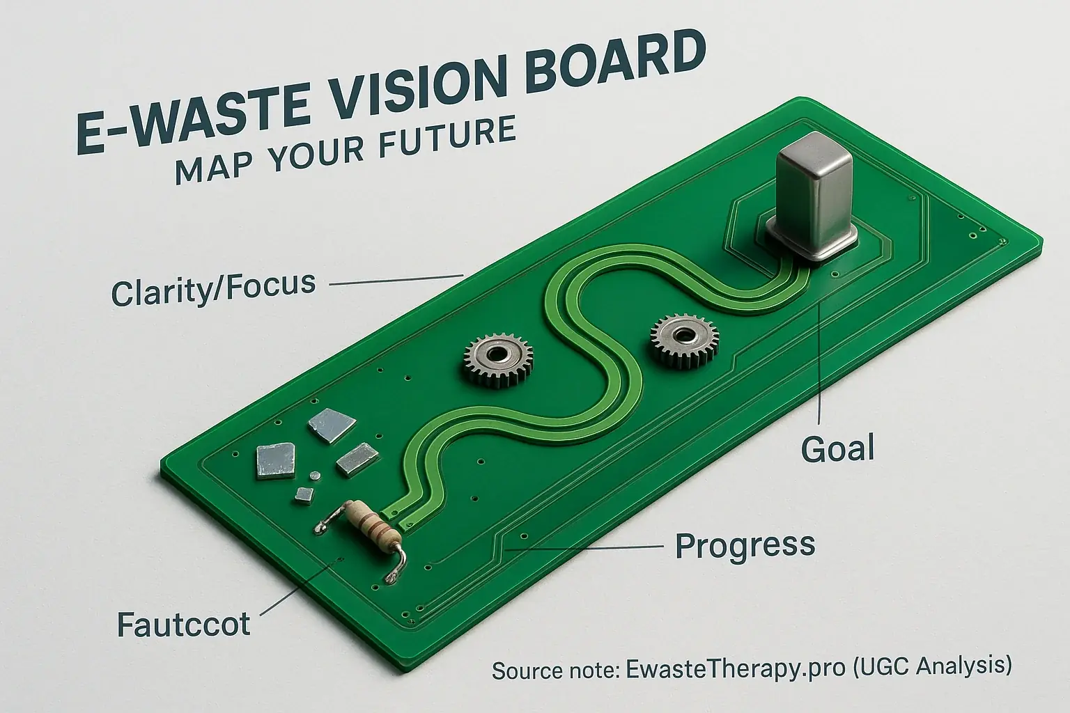 Infographic: &#x27;E-Waste Vision Board: Map Your Future&#x27; uses e-waste circuit pathway &amp; gears to visualize goal paths.