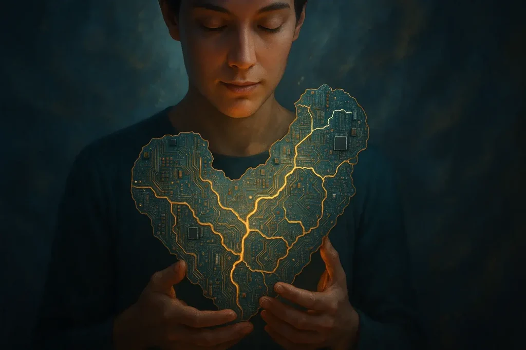 Person holds intricate, glowing e-waste art, an enduring symbol of a healing journey and creative legacy.