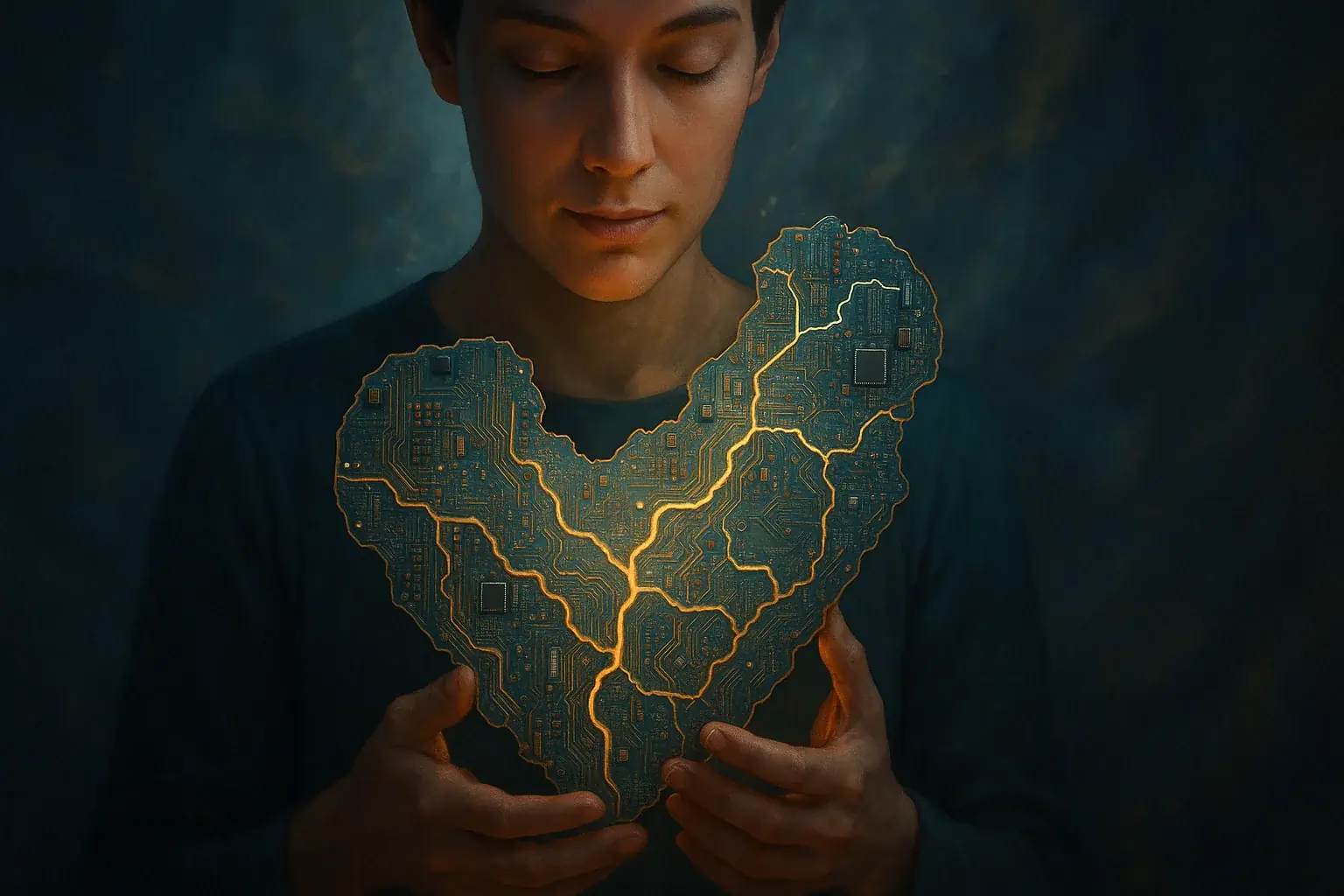 Person holds intricate, glowing e-waste art, an enduring symbol of a healing journey and creative legacy.
