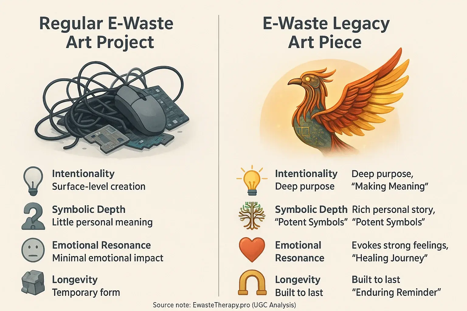 Infographic: Legacy e-waste art excels over regular projects in intentionality, symbolic depth, emotional resonance,