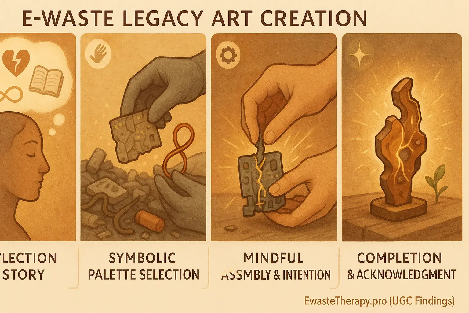 Infographic: Steps to craft e-waste legacy art: reflection, material selection, mindful assembly, infusing intention.