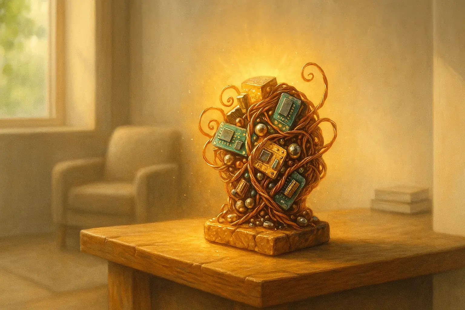 E-waste art proudly displayed in a home, subtly radiating positive energy, its legacy and journey ongoing.