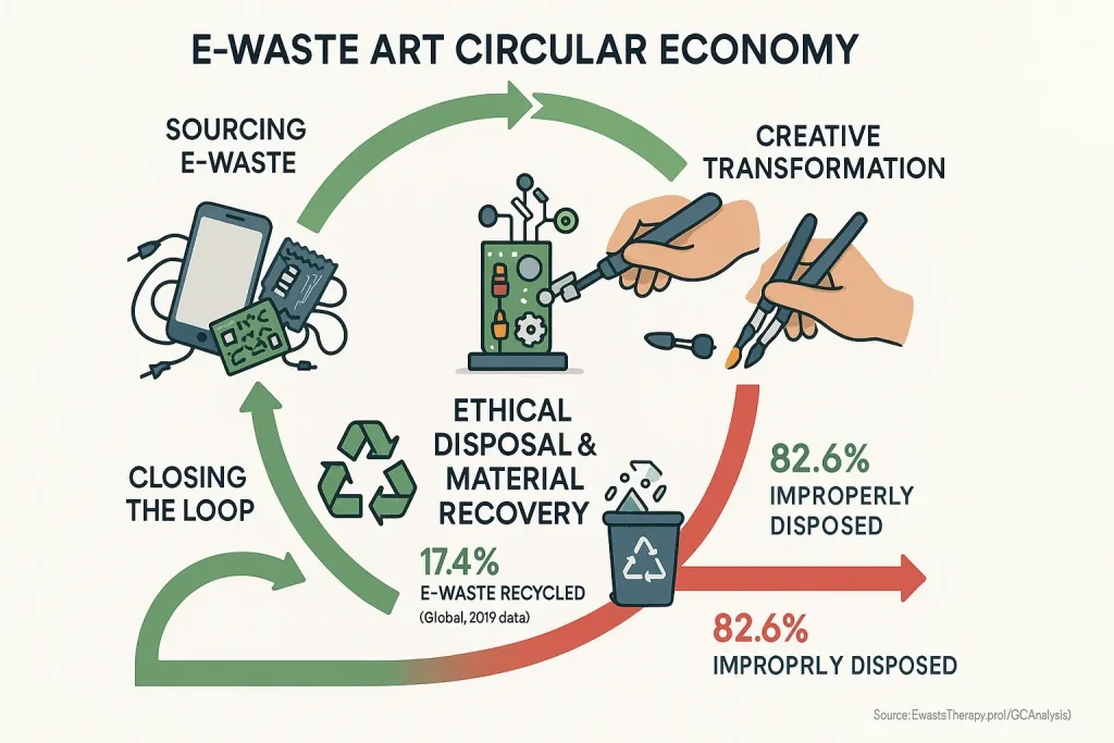 Circular flow of e-waste art: from sourcing and creation to ethical disposal, completing the sustainable loop.
