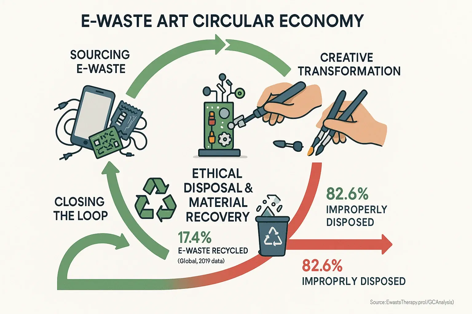 Circular flow of e-waste art: from sourcing and creation to ethical disposal, completing the sustainable loop.