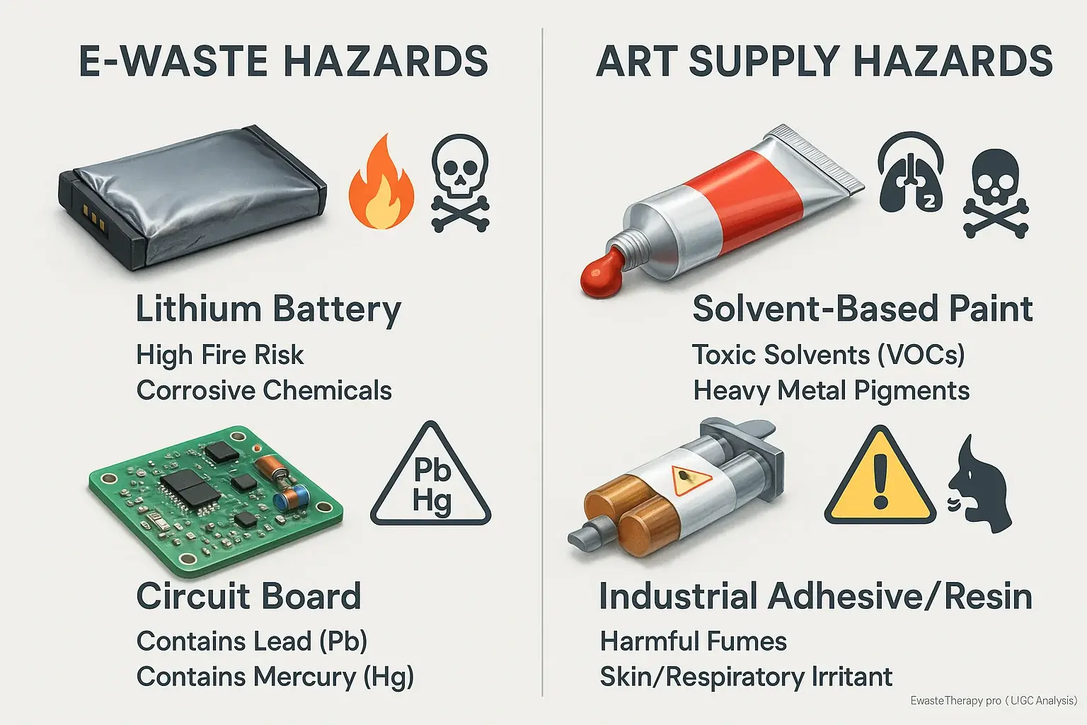 Infographic: Clear icons identify hazardous e-waste (batteries, circuits, screens) &amp; art supply (paints, glues) components.