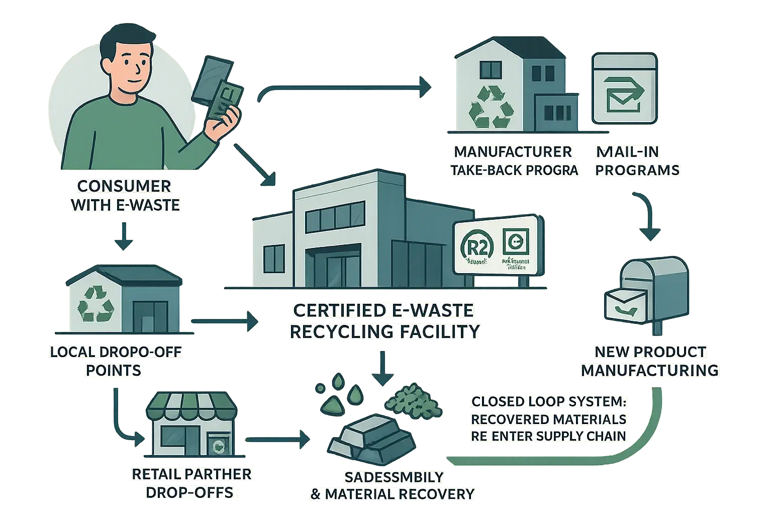 Flowchart illustrating responsible e-waste recycling, from collection points with icons to certified facilities, forming a