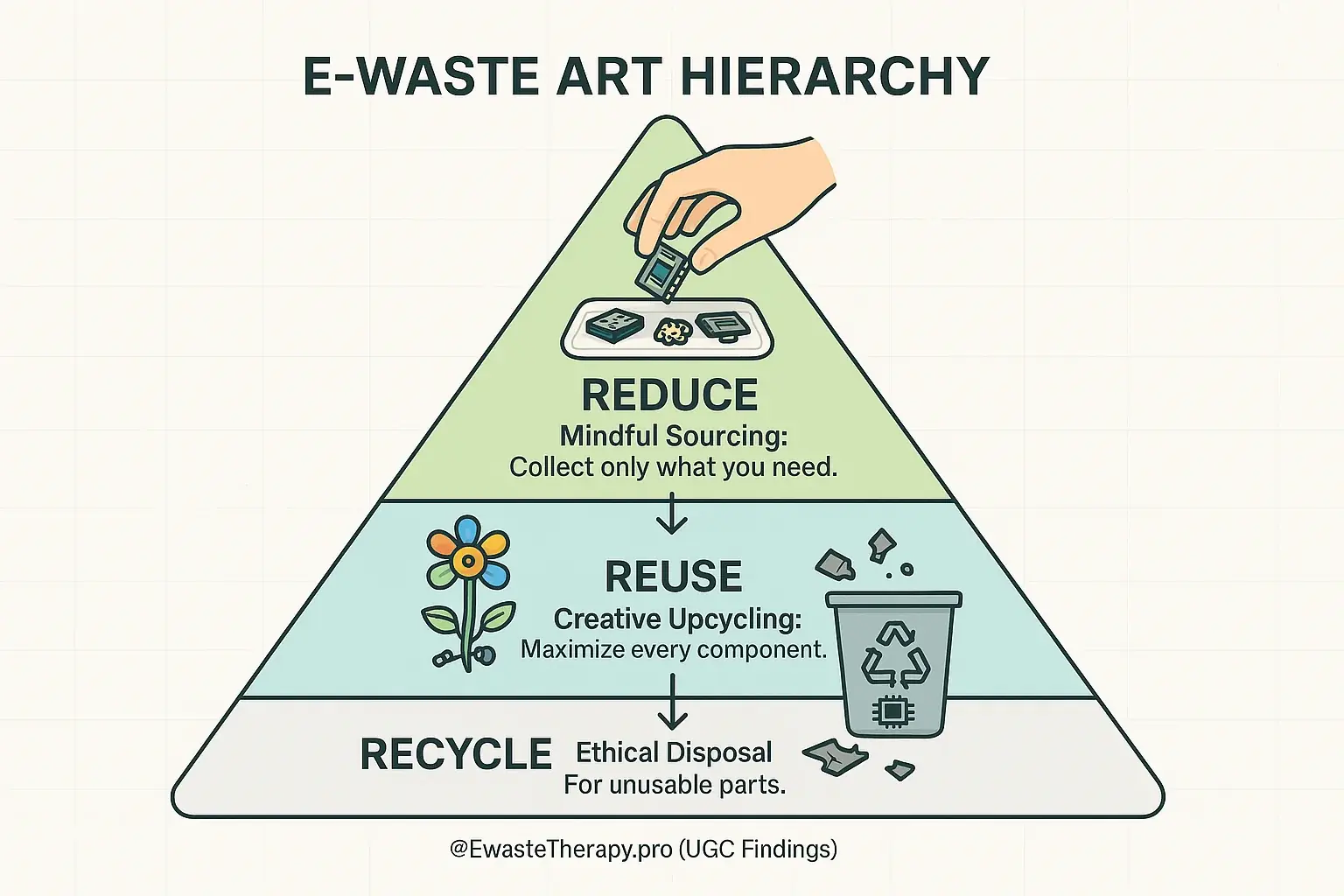 E-waste hierarchy for art: Prioritizing Reduce (mindful sourcing), Reuse (creative upcycling), Recycle (ethical disposal).