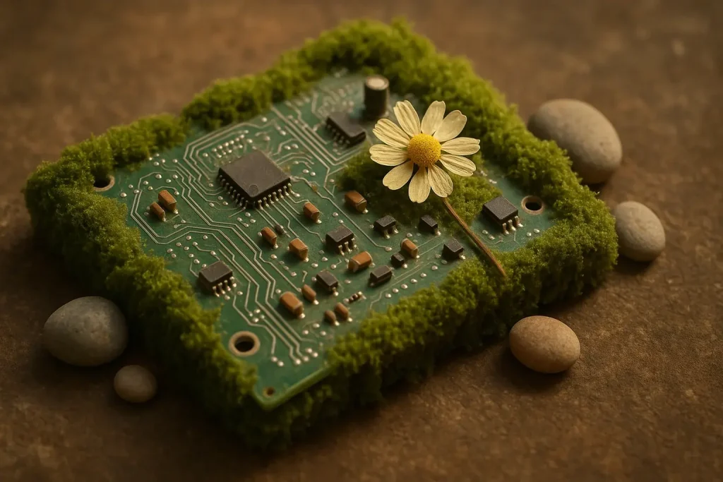 Circuit board, moss, pebbles, delicate dried flower gracefully intertwined, symbolizing e-waste & nature's unexpected