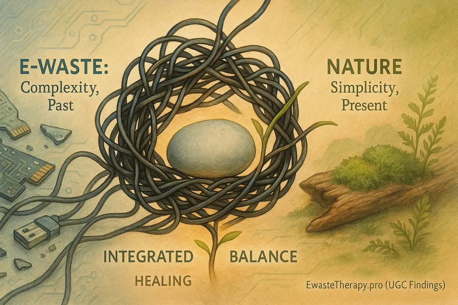 Infographic: E-waste (complex) and nature (simple) integrate, symbolizing therapeutic harmony and balance.